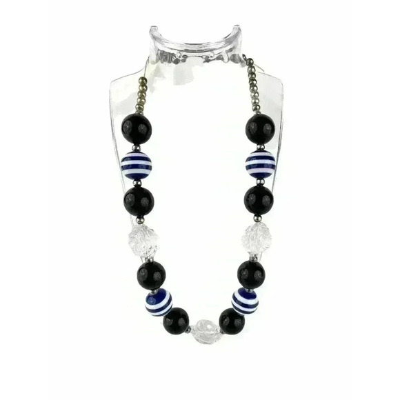 Round Chunky Big Lucite Bead Necklace Blue Black Clear Floral Design Silver Tone - Picture 7 of 8